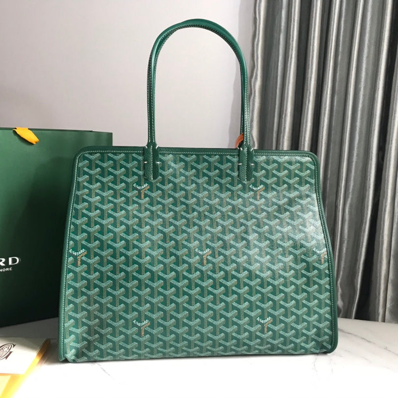 SAC HARDY PM 40 EN TOILE GOYARDINE VERTE ET GARNITURES EN CUIR TAURILLON