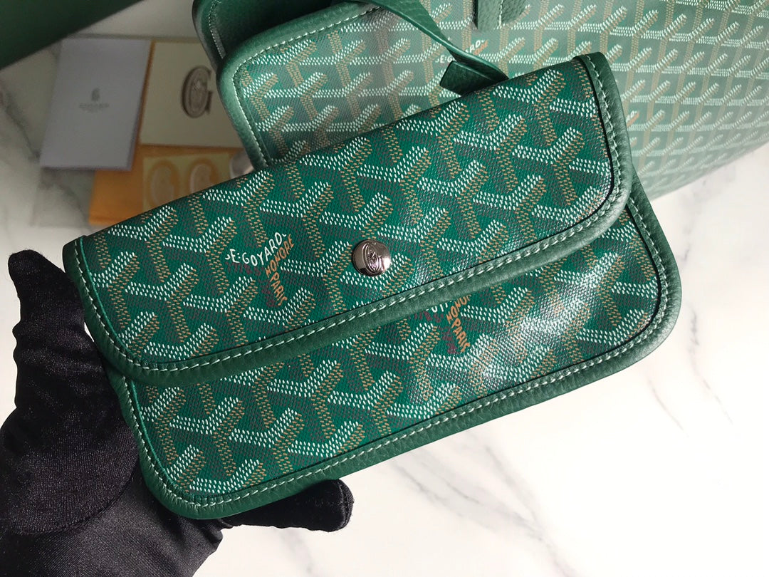 SAC HARDY PM 40 EN TOILE GOYARDINE VERTE ET GARNITURES EN CUIR TAURILLON