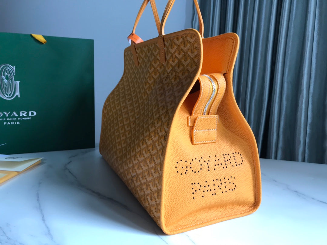 SAC HARDY PM 40 EN TOILE GOYARDINE JAUNE ET GARNITURES EN CUIR TAURILLON