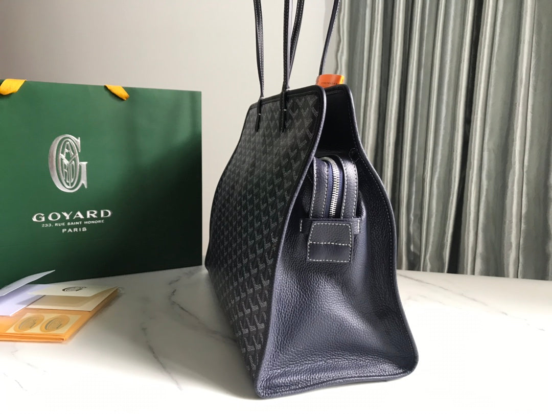 SAC HARDY PM 40 EN TOILE GOYARDINE BLEU MARINE ET GARNITURES EN CUIR TAURILLON NOIR