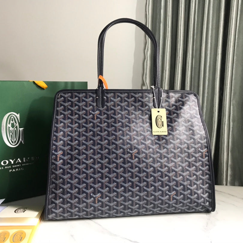 SAC HARDY PM 40 EN TOILE GOYARDINE BLEU MARINE ET GARNITURES EN CUIR TAURILLON NOIR