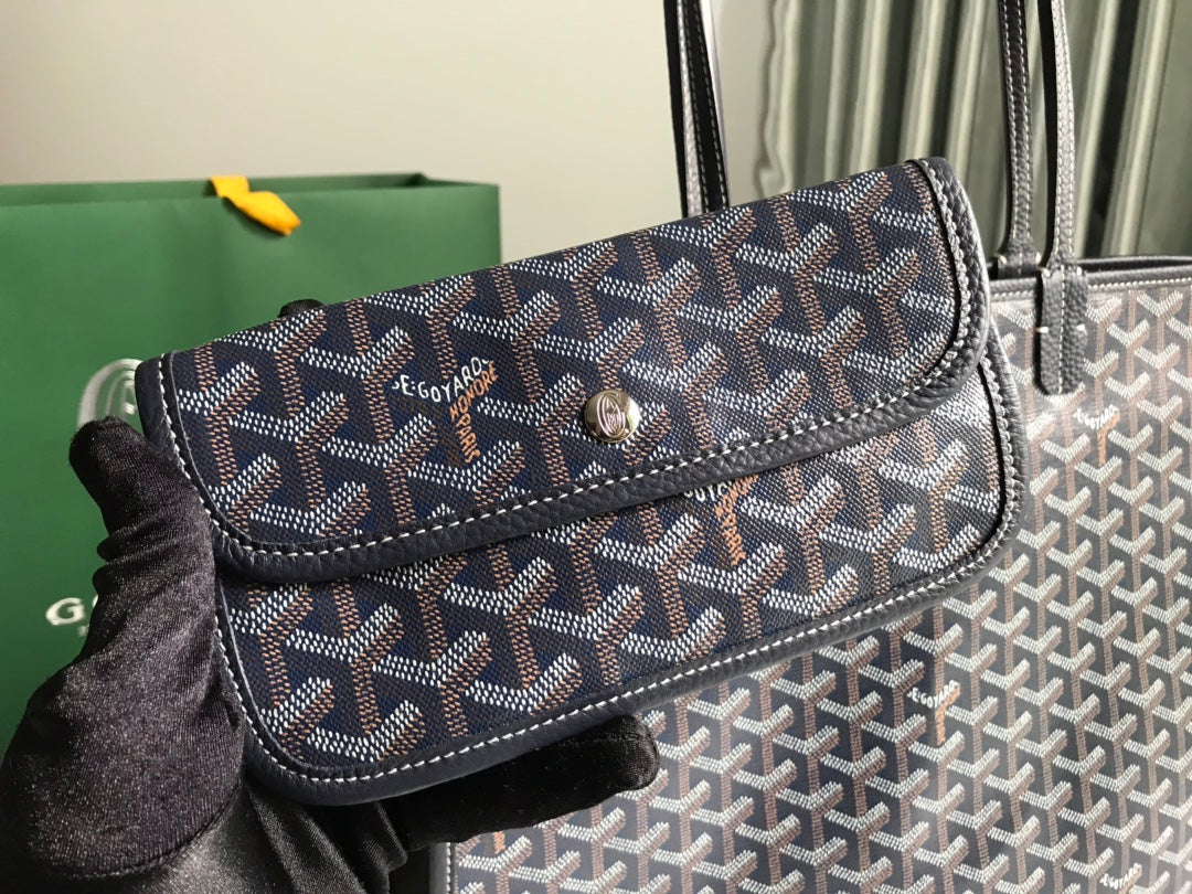 SAC HARDY PM 40 EN TOILE GOYARDINE BLEU MARINE ET GARNITURES EN CUIR TAURILLON NOIR