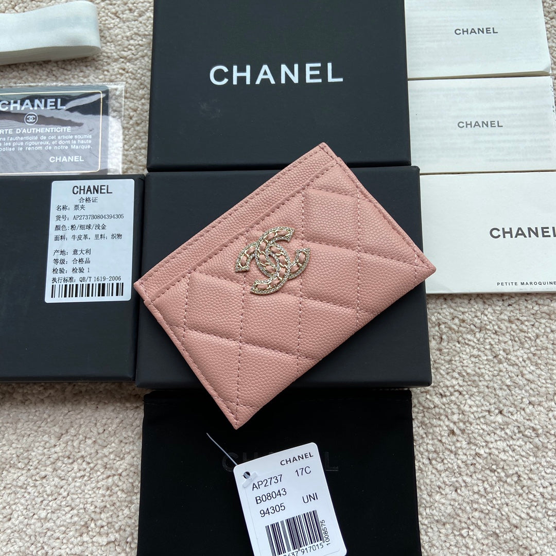 CC CARD HOLDER 11CM PINK CAVIAR LIGHT GOLD HARDWARE