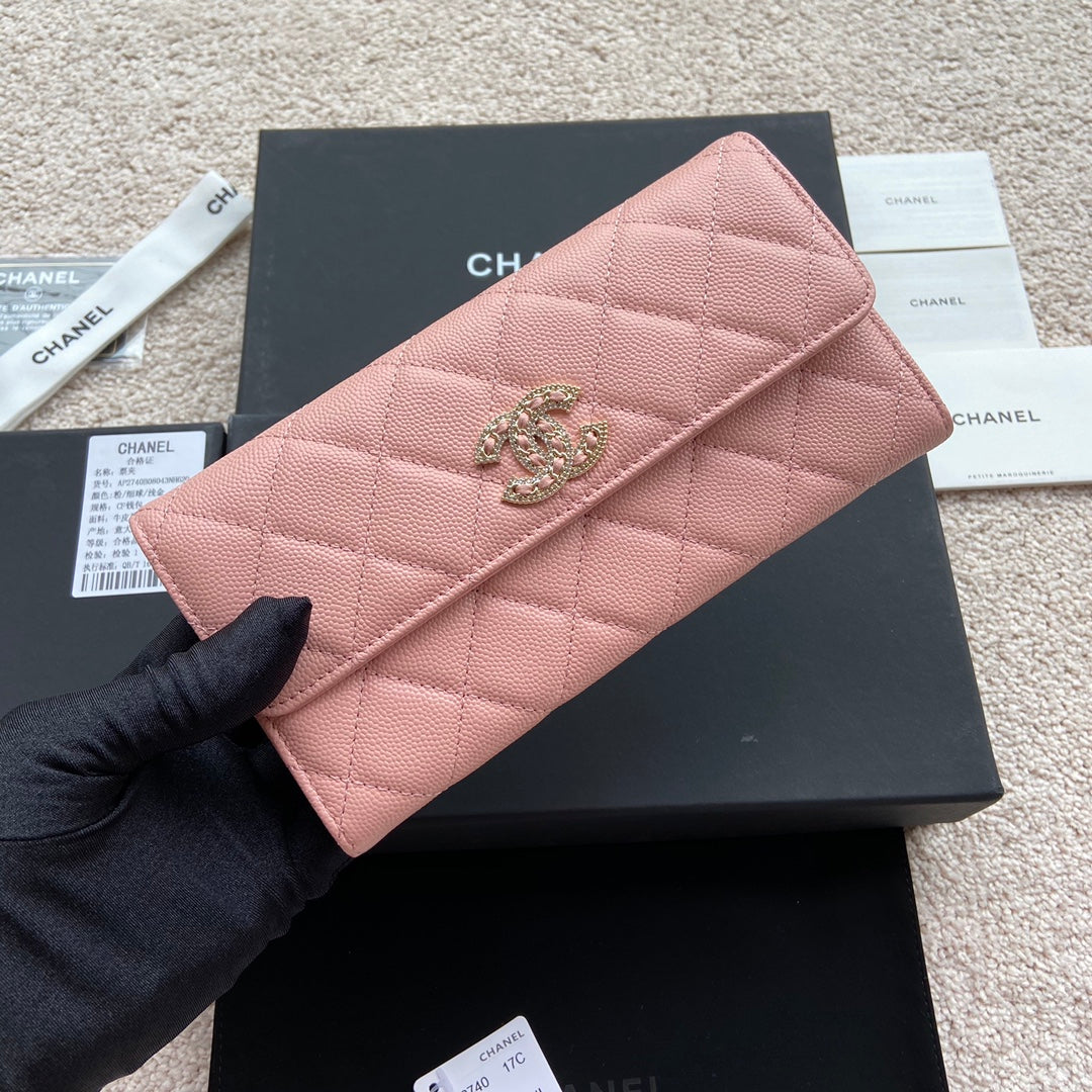 PORTEFEUILLE LONG CC CLASSIC 19CM EN CUIR DE VEAU GRAINÉ ROSE