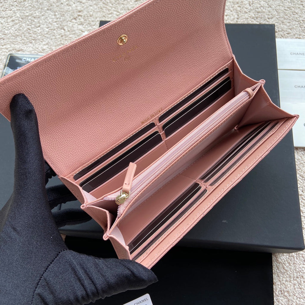 PORTEFEUILLE LONG CC CLASSIC 19CM EN CUIR DE VEAU GRAINÉ ROSE