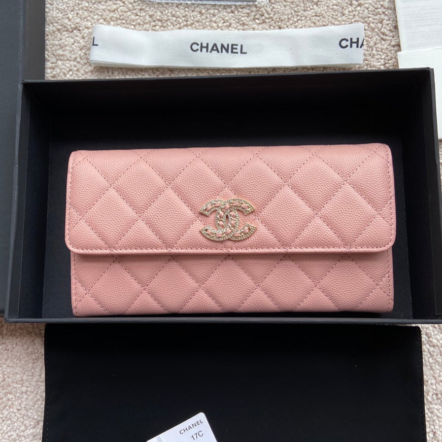 PORTEFEUILLE LONG CC CLASSIC 19CM EN CUIR DE VEAU GRAINÉ ROSE