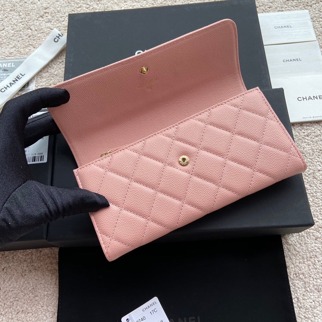 PORTEFEUILLE LONG CC CLASSIC 19CM EN CUIR DE VEAU GRAINÉ ROSE