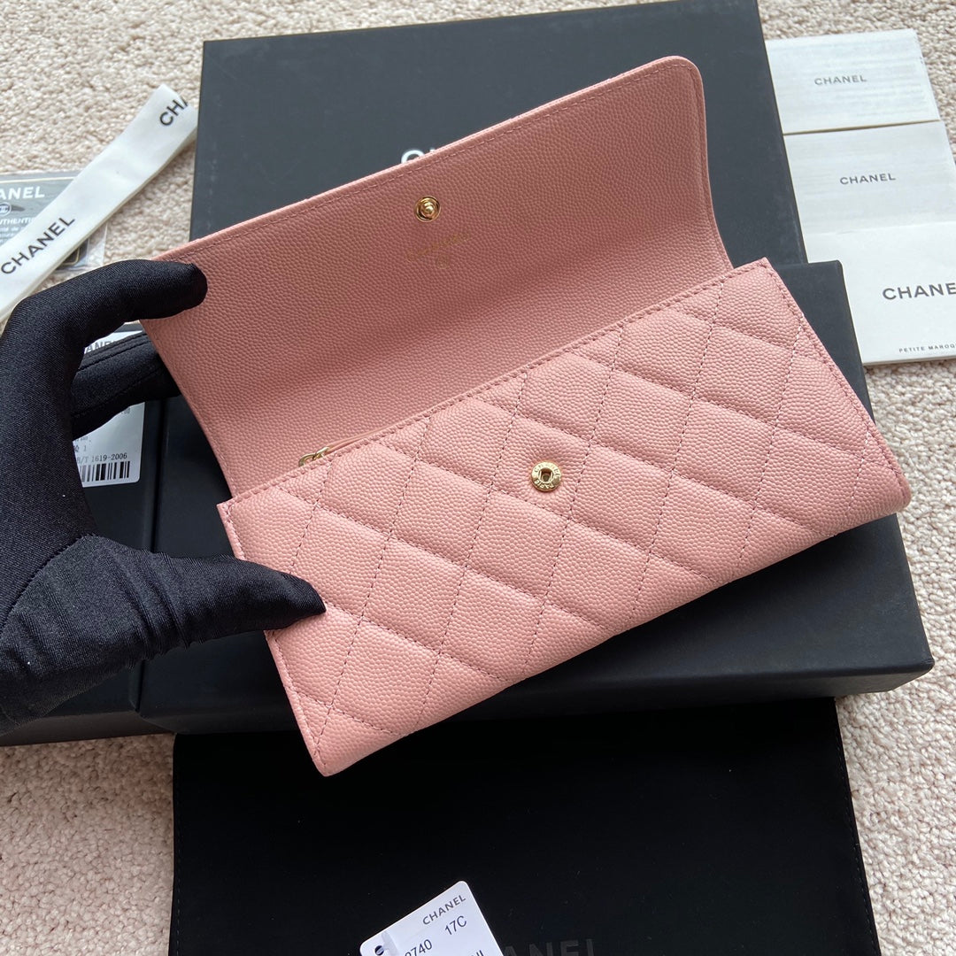 PORTEFEUILLE LONG CC CLASSIC 19CM EN CUIR DE VEAU GRAINÉ ROSE