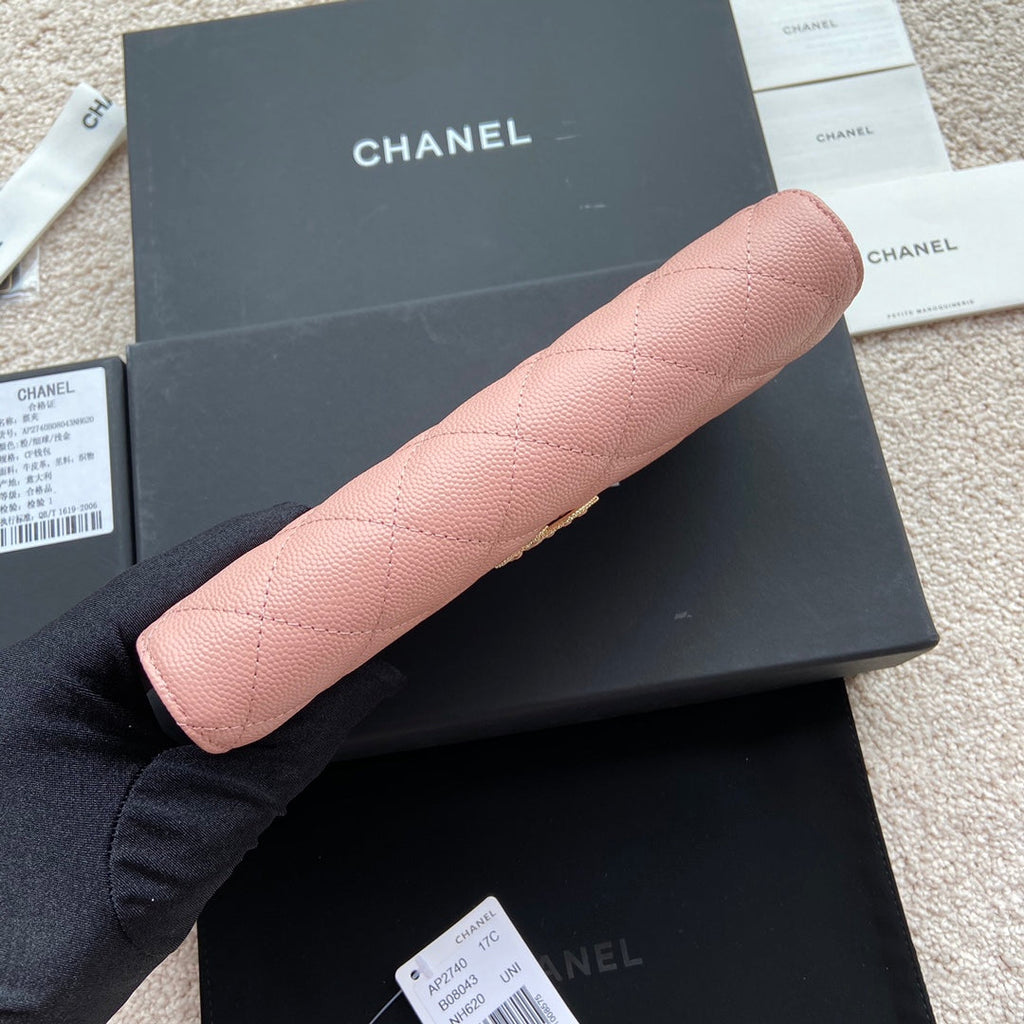 PORTEFEUILLE LONG CC CLASSIC 19CM EN CUIR DE VEAU GRAINÉ ROSE