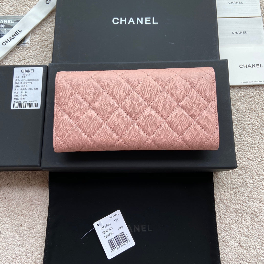 PORTEFEUILLE LONG CC CLASSIC 19CM EN CUIR DE VEAU GRAINÉ ROSE