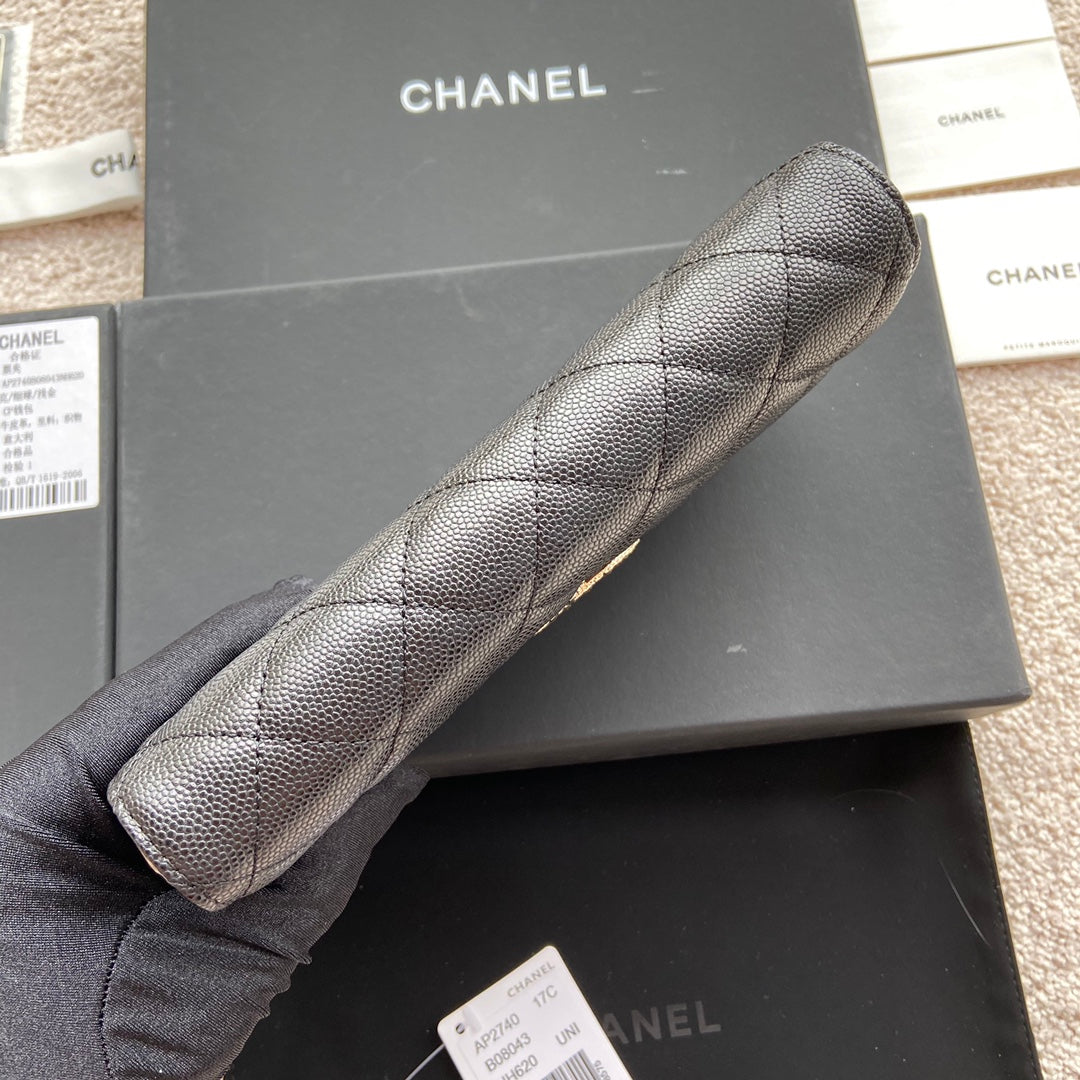 PORTEFEUILLE LONG CC CLASSIC 19CM EN CUIR DE VEAU GRAINÉ NOIR