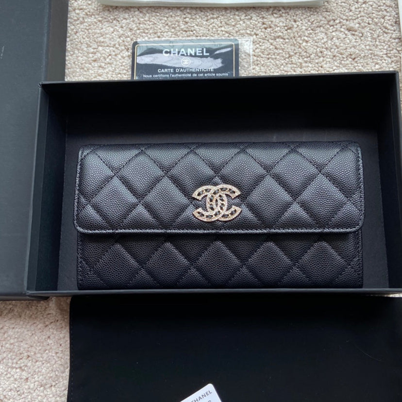 PORTEFEUILLE LONG CC CLASSIC 19CM EN CUIR DE VEAU GRAINÉ NOIR