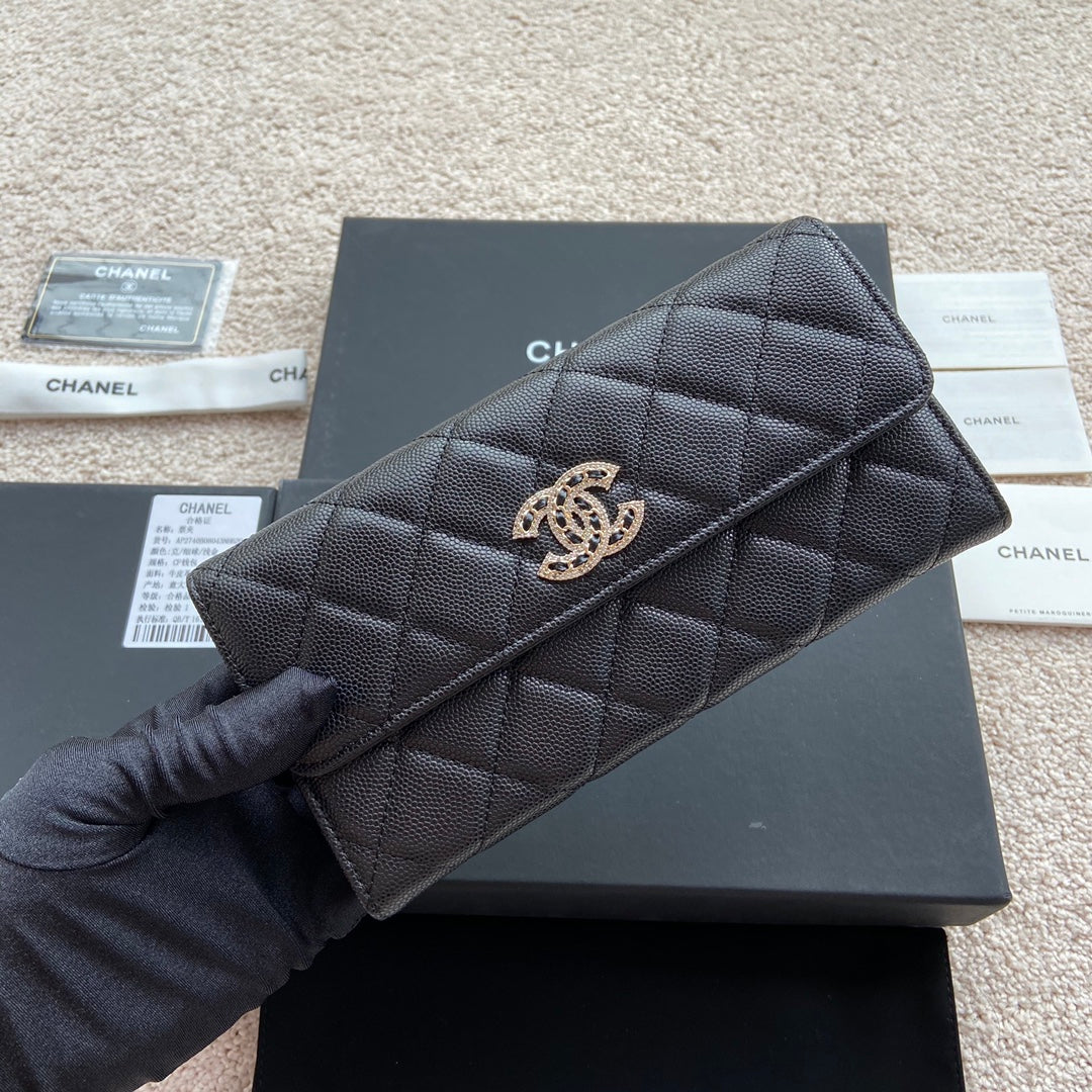 PORTEFEUILLE LONG CC CLASSIC 19CM EN CUIR DE VEAU GRAINÉ NOIR