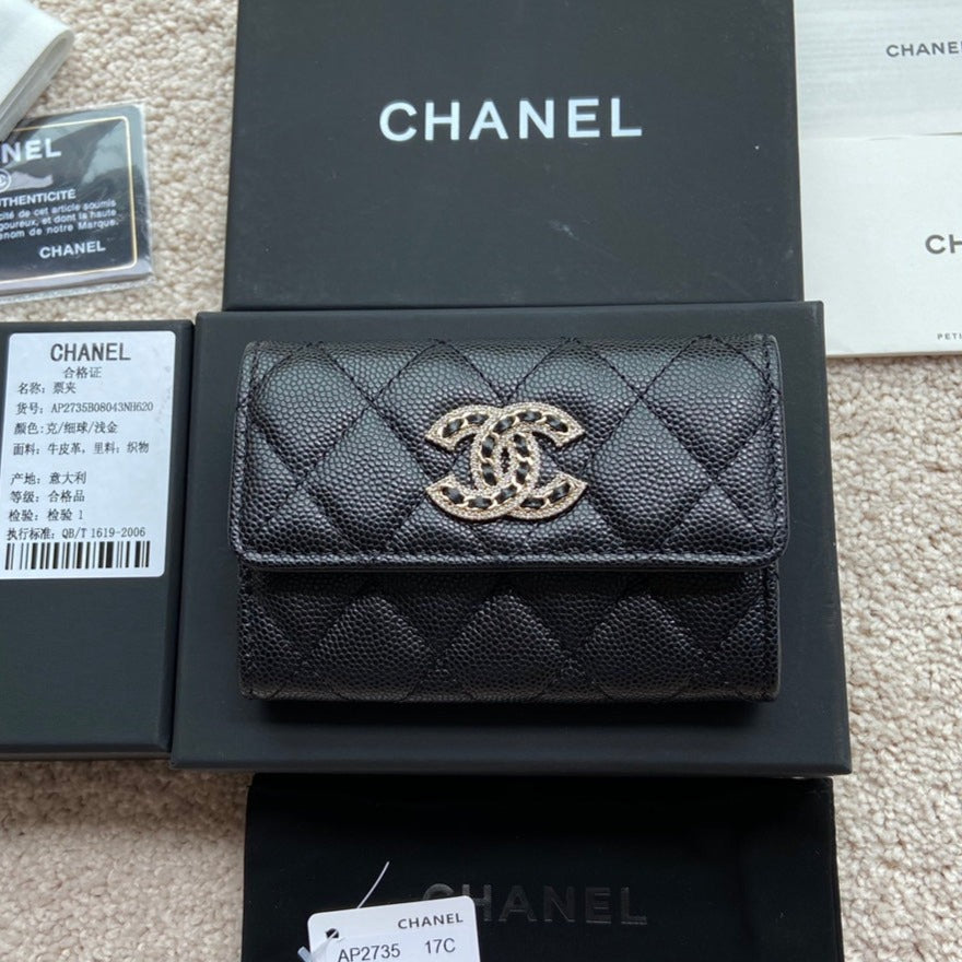 CC SMALL WALLET 11CM BLACK CAVIAR LIGHT GOLD LEATHER HARDWARE