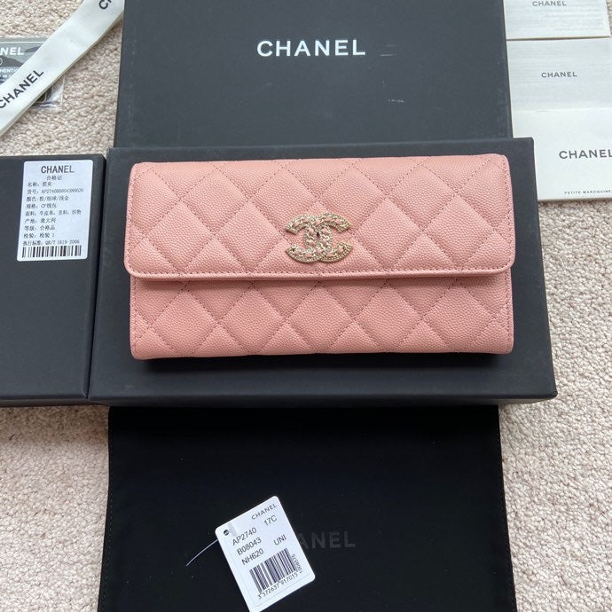 PORTEFEUILLE LONG CC CLASSIC 19CM EN CUIR DE VEAU GRAINÉ ROSE