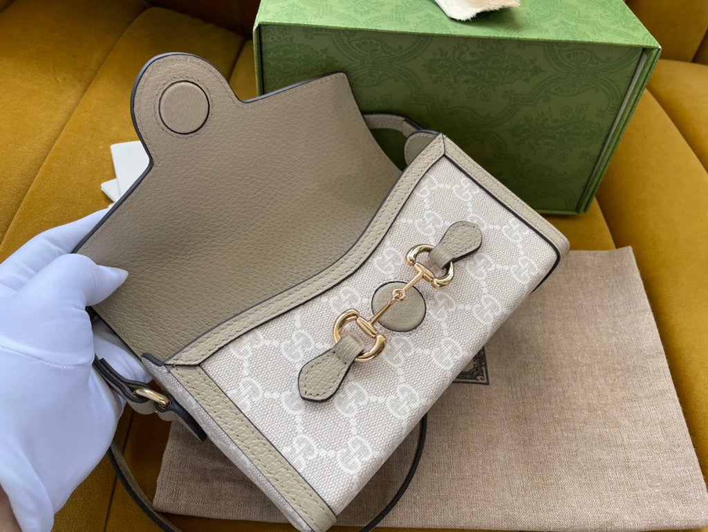 SAC MINI 18 GG HORSEBIT 1955 EN TOILE BLANCHE ET CUIR DE VEAU BEIGE