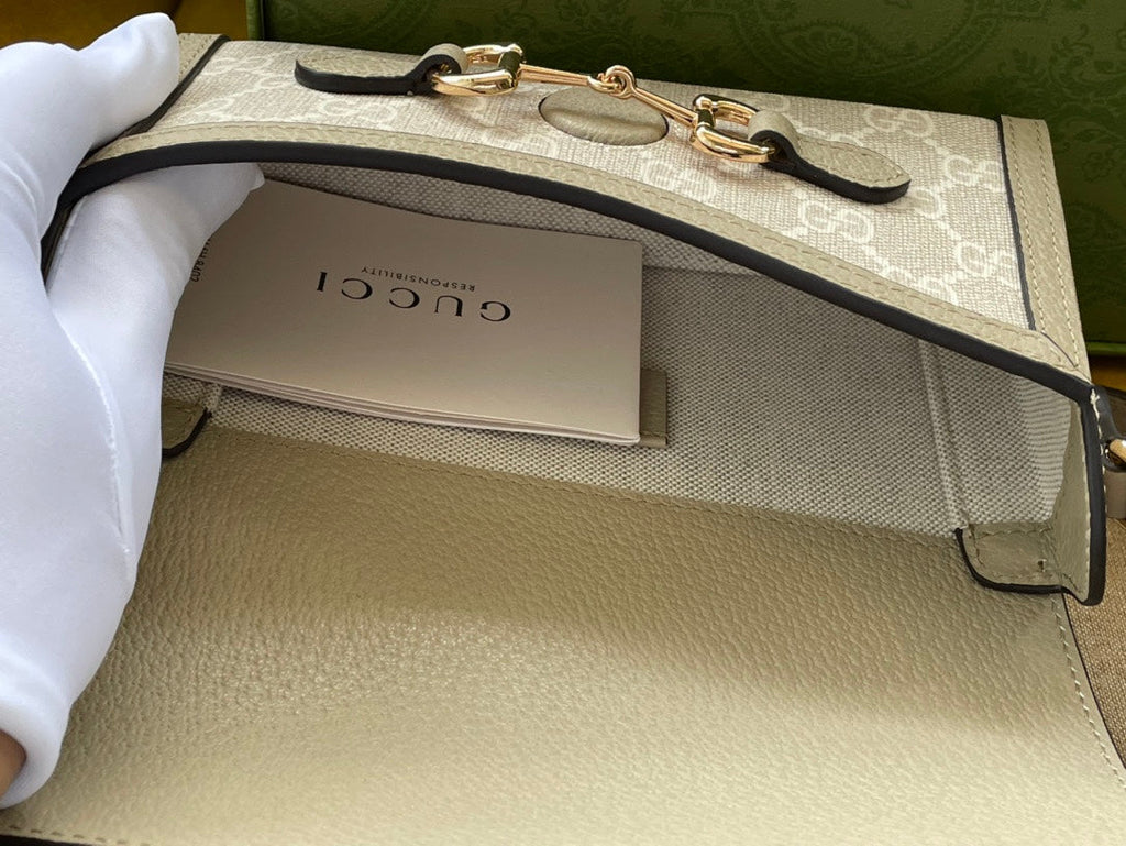 SAC MINI 18 GG HORSEBIT 1955 EN TOILE BLANCHE ET CUIR DE VEAU BEIGE