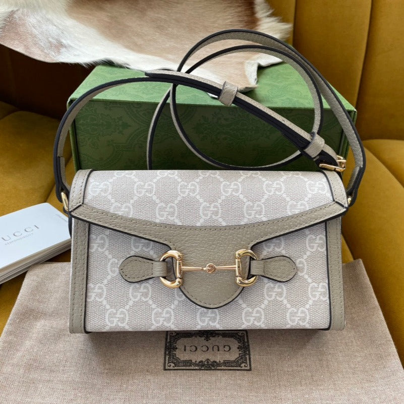 SAC MINI 18 GG HORSEBIT 1955 EN TOILE BLANCHE ET CUIR DE VEAU BEIGE