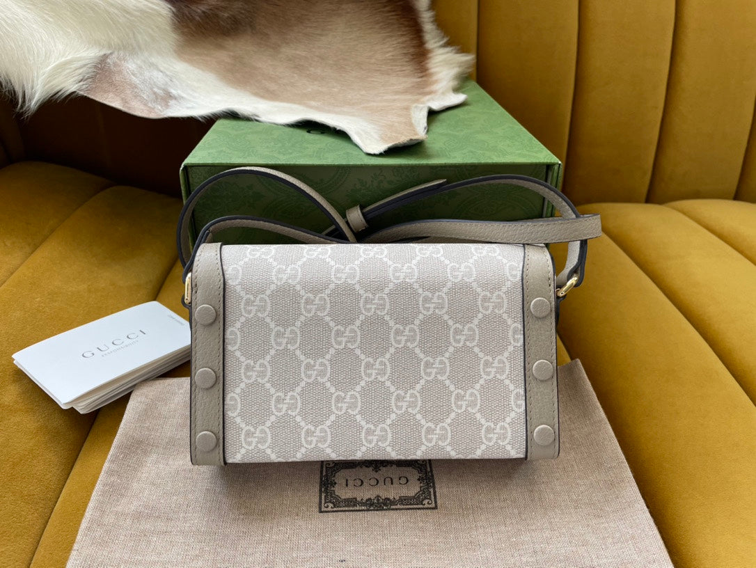 SAC MINI 18 GG HORSEBIT 1955 EN TOILE BLANCHE ET CUIR DE VEAU BEIGE