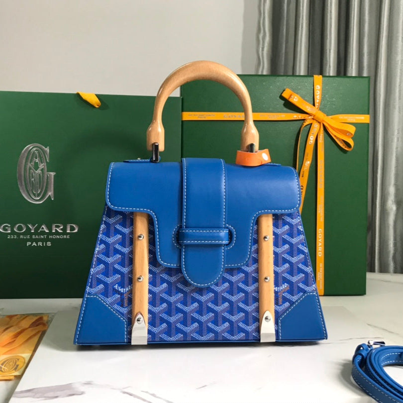 SAC SAÏGON PM 28 EN TOILE GOYARDINE BLEU CUIR ET CUIR DE VEAU
