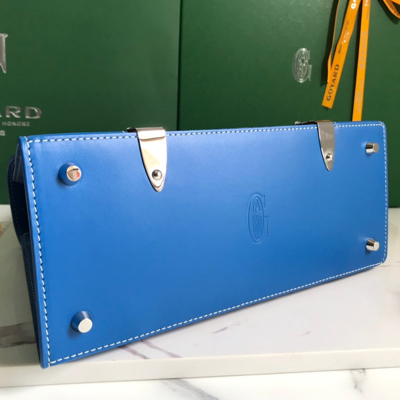 SAC SAÏGON PM 28 EN TOILE GOYARDINE BLEU CUIR ET CUIR DE VEAU