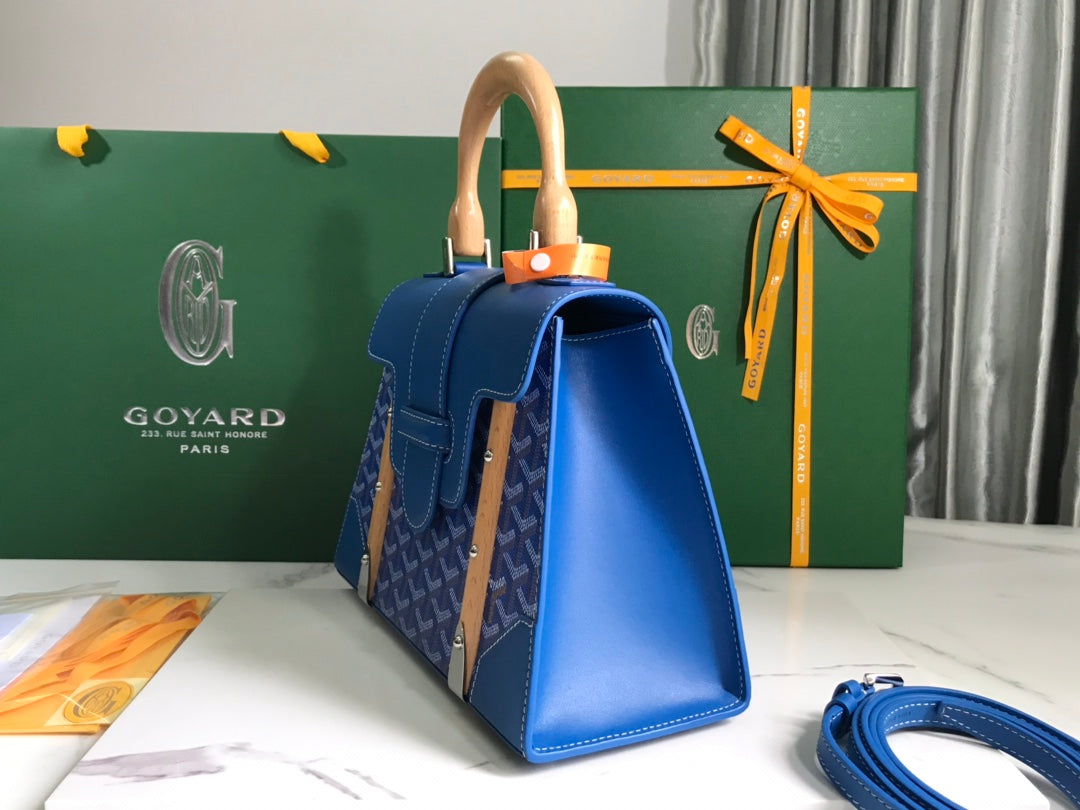 SAC SAÏGON PM 28 EN TOILE GOYARDINE BLEU CUIR ET CUIR DE VEAU