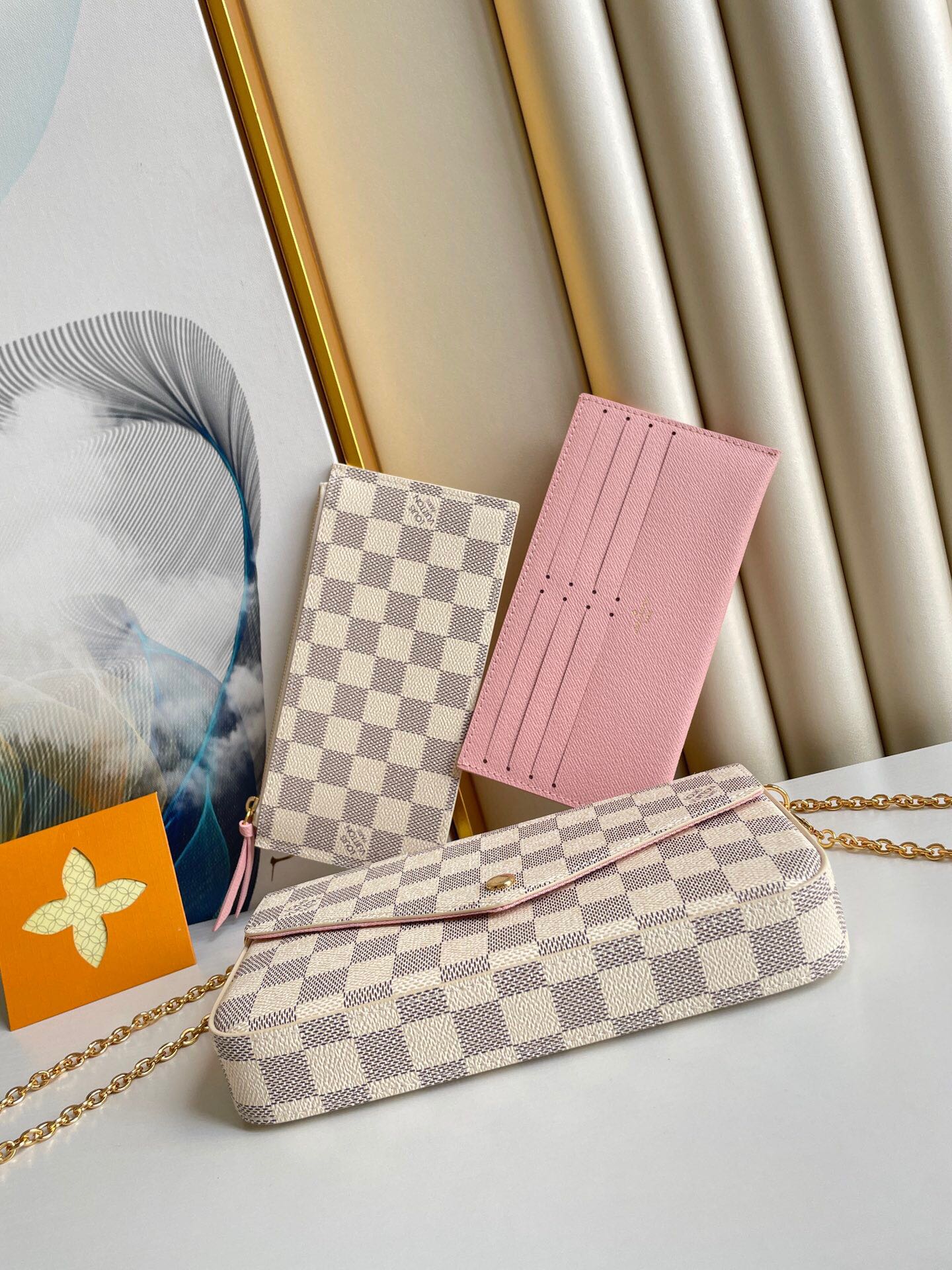 FÉLICIE POCHETTE 21 EN TOILE BLEU BEIGE DAMIER AZUR MATÉRIEL OR