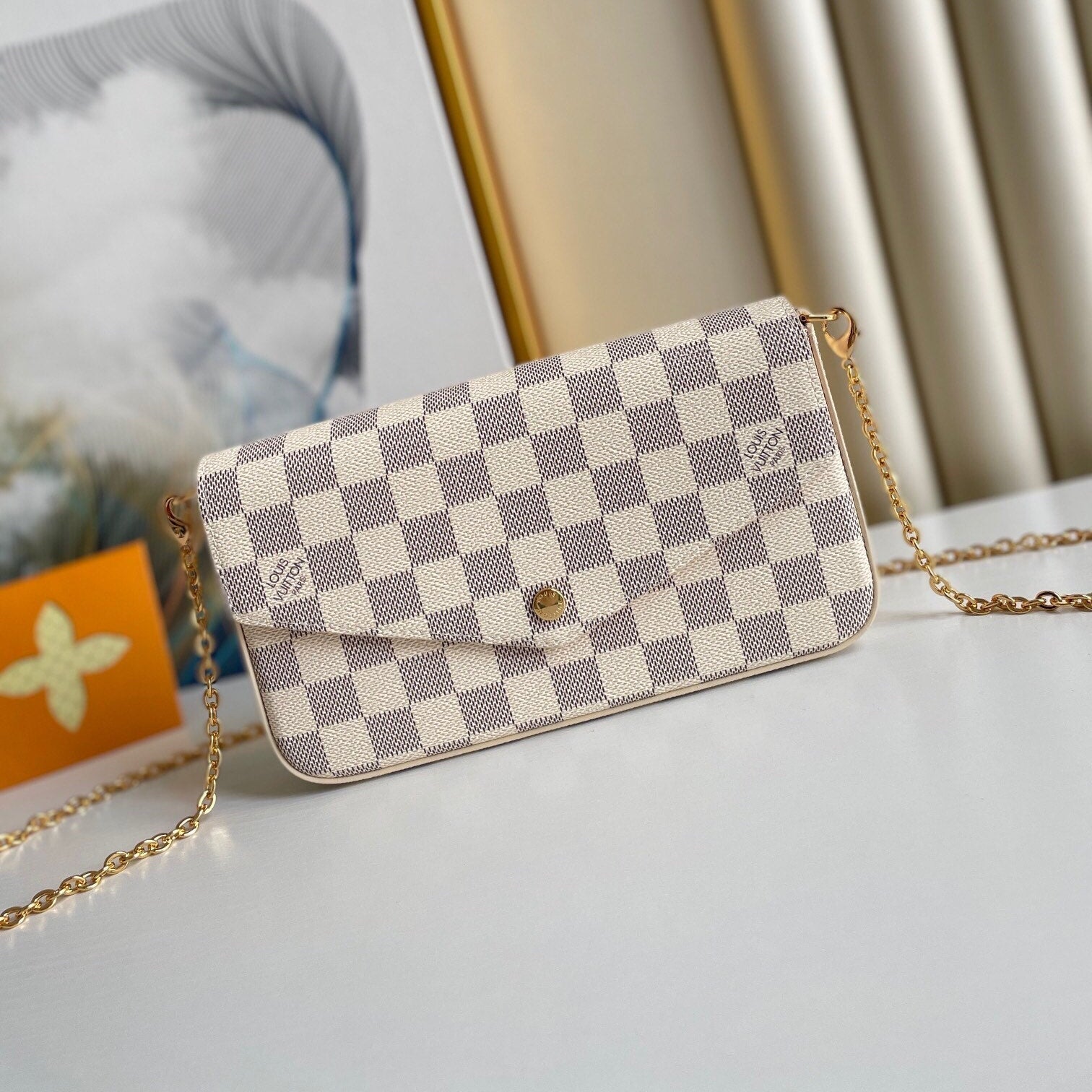 FÉLICIE POCHETTE 21 EN TOILE BLEU BEIGE DAMIER AZUR MATÉRIEL OR