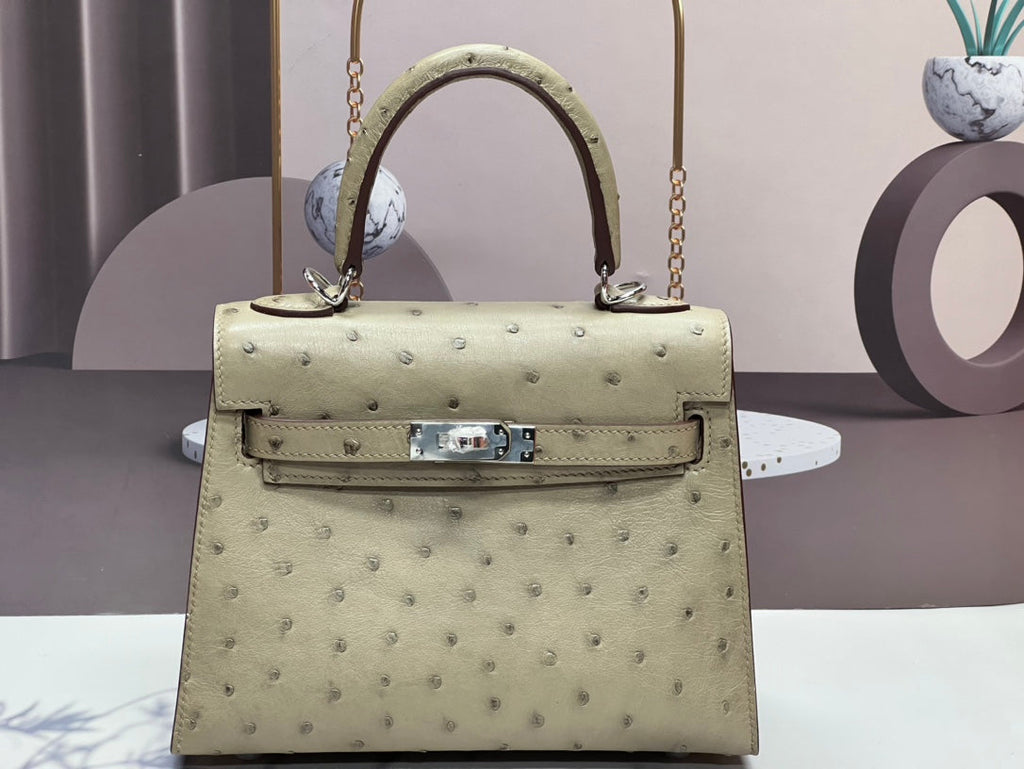 ケリーバッグ 20 カーキタン オーストリッチレザー シルバー金具付き (オーダーメイド)