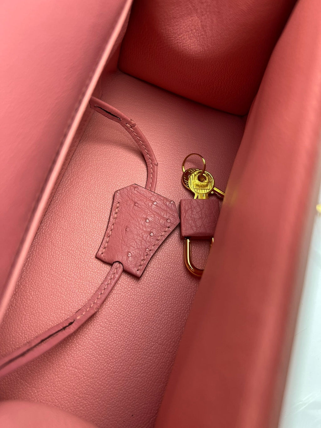 SAC KELLY 20 EN CUIR D'AUTRUCHE ROUGE ROSE AVEC QUINCAILLERIE DORÉ (FABRIQUÉ SUR COMMANDE)