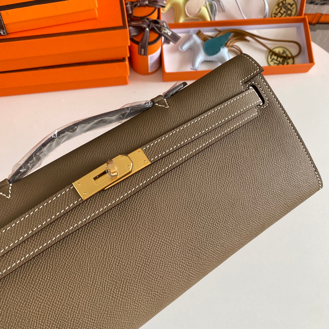 HM KELLY CUT 31 CUIR EPSOM ÉTOUPE QUINCAILLERIE DORÉ 229054