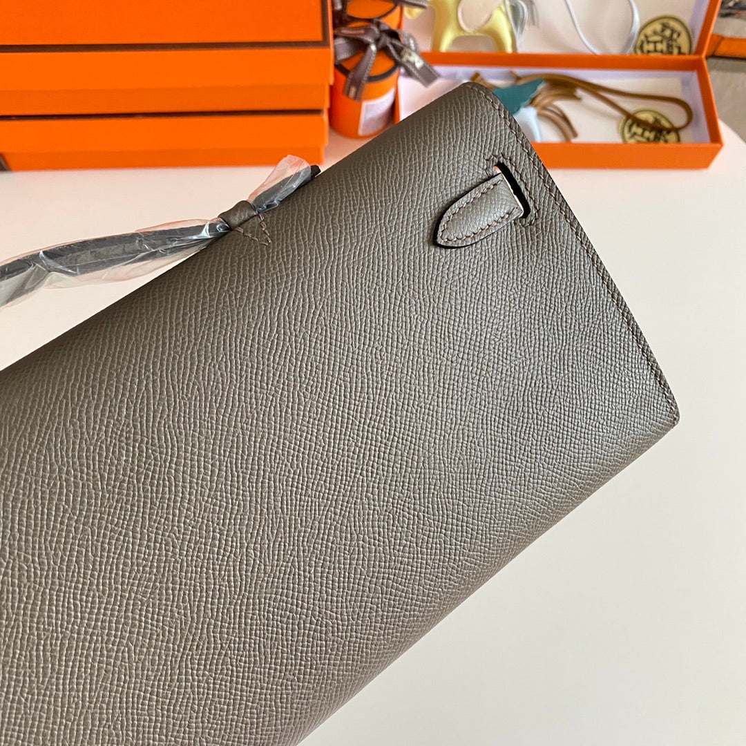HM KELLY CUT 31 FOSSIL GRAY EPSOM LEATHER GOLD HARDWARE 229052