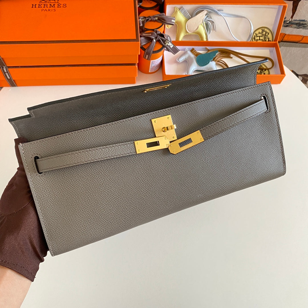 HM KELLY CUT 31 FOSSIL GRAY EPSOM LEATHER GOLD HARDWARE 229052
