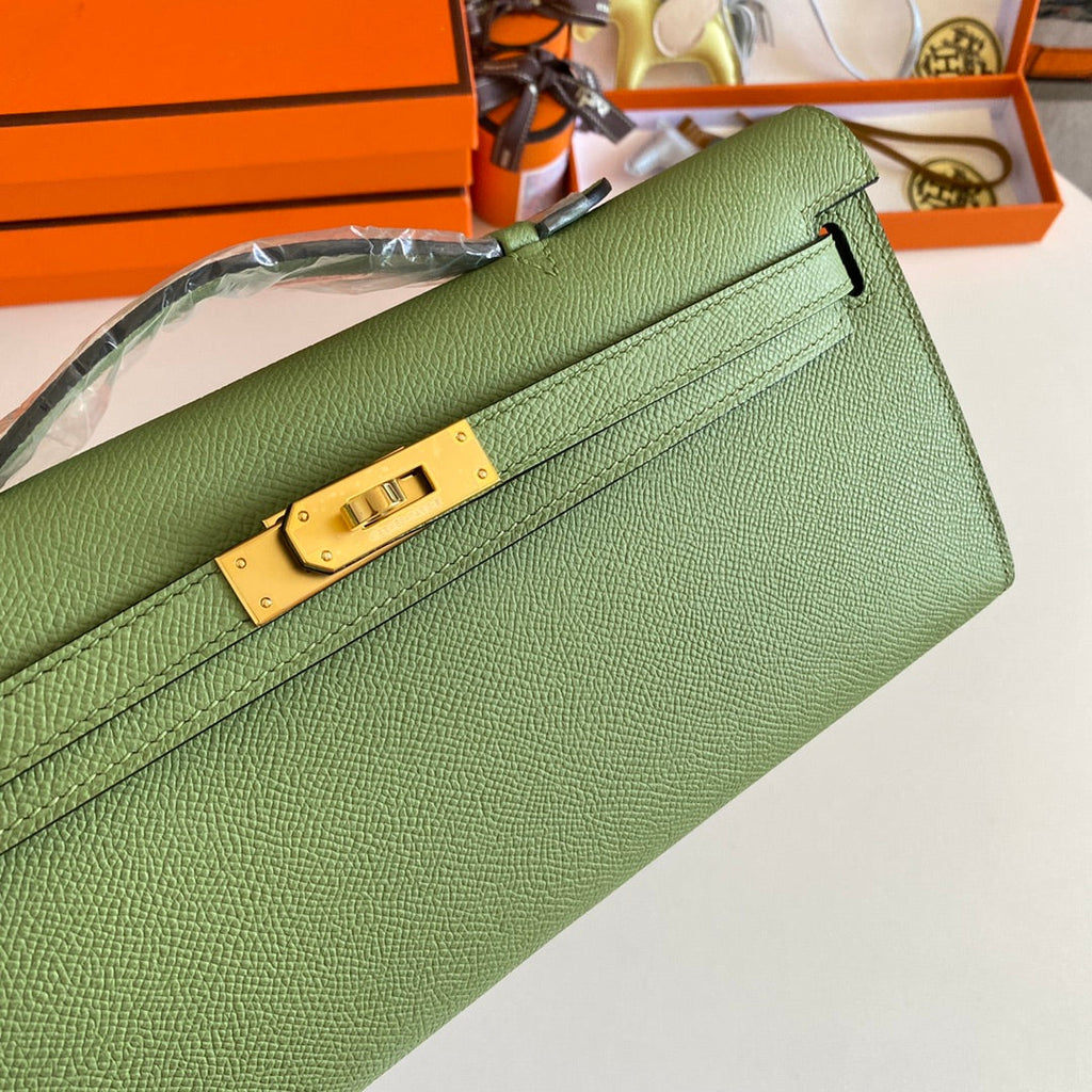 HM KELLY CUT 31 CUIR EPSOM VERT OLIVE QUINCAILLERIE DORÉ 229045