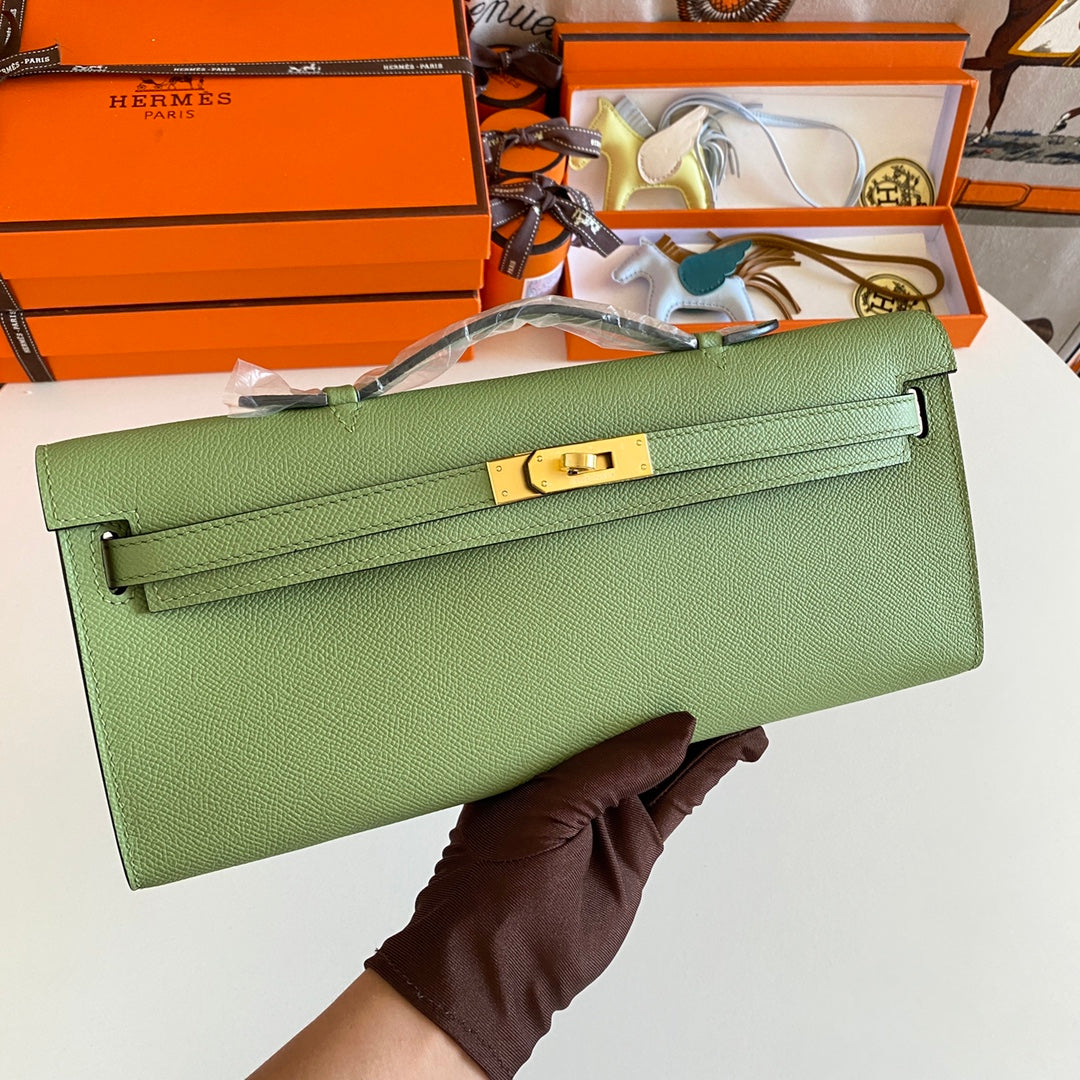 HM KELLY CUT 31 CUIR EPSOM VERT OLIVE QUINCAILLERIE DORÉ 229045
