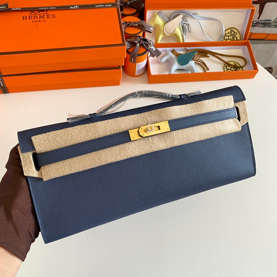 HM KELLY CUT 31 NIGHT BLUE EPSOM LEATHER GOLD HARDWARE 229049