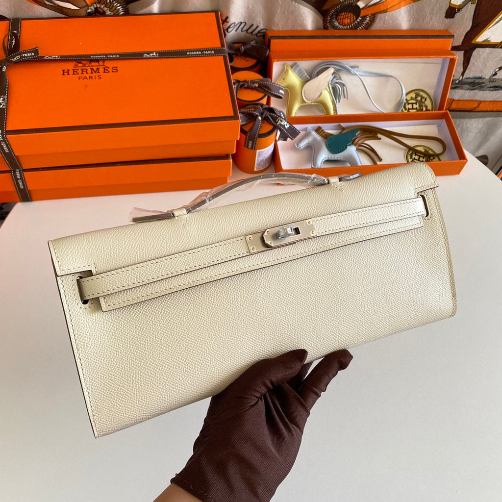 HM KELLY CUT 31 IVORY EPSOM LEATHER SILVER HARDWARE 229046