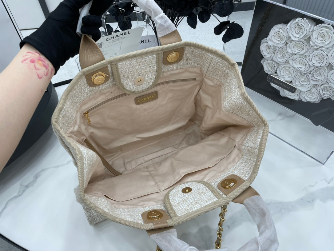 SAC CC DEAUVILLE EN TWEED CUIR MARRON QUINCAILLERIE DORÉ 2