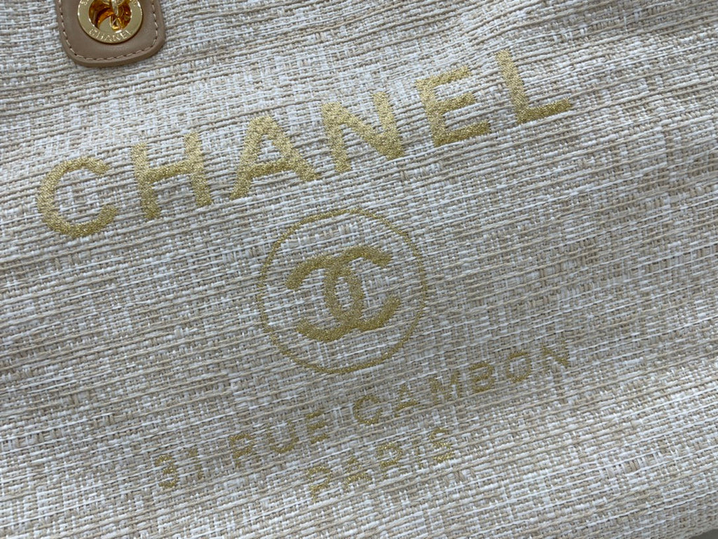SAC CC DEAUVILLE EN TWEED CUIR MARRON QUINCAILLERIE DORÉ 2
