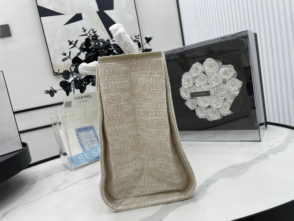 SAC CC DEAUVILLE EN TWEED CUIR MARRON QUINCAILLERIE DORÉ 2