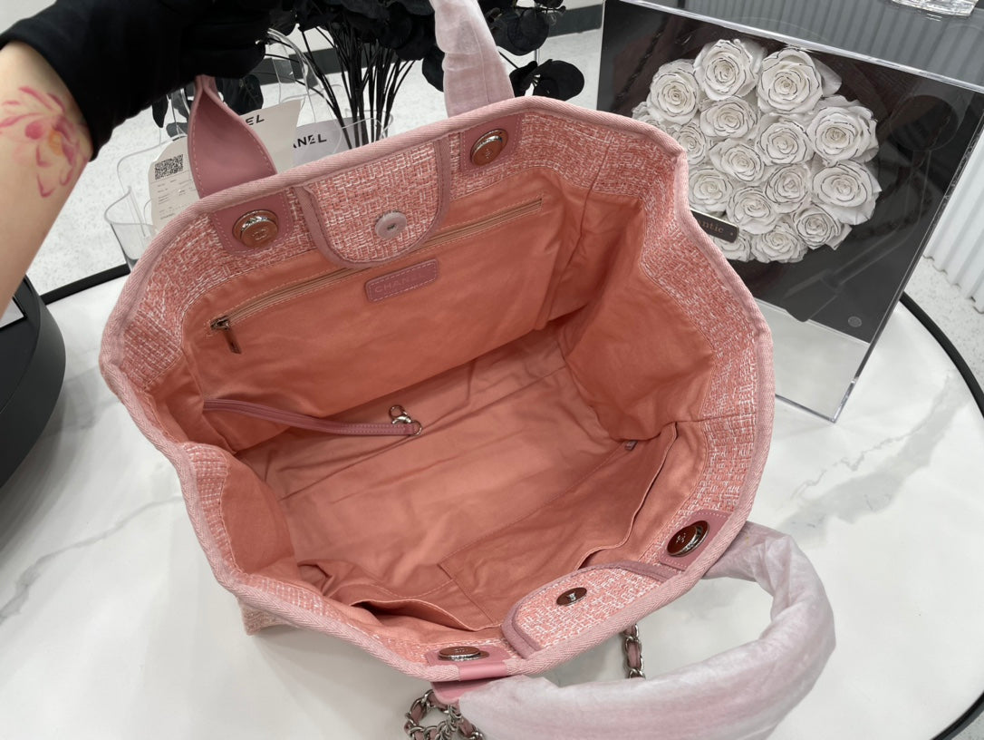 SAC CC DEAUVILLE EN TWEED CUIR ROSE QUINCAILLERIE ARGENTÉE 6