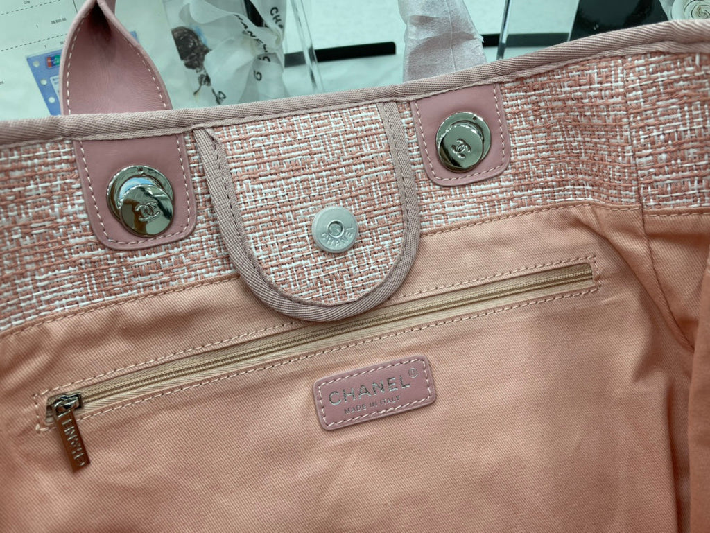 SAC CC DEAUVILLE EN TWEED CUIR ROSE QUINCAILLERIE ARGENTÉE 6