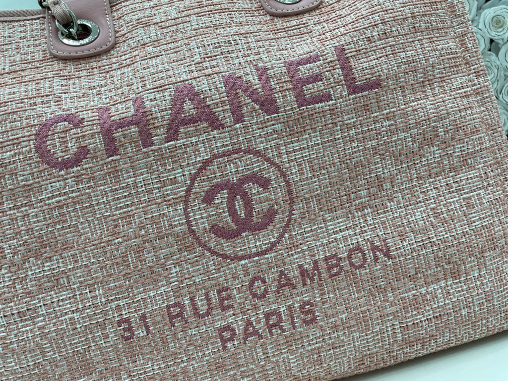 SAC CC DEAUVILLE EN TWEED CUIR ROSE QUINCAILLERIE ARGENTÉE 6