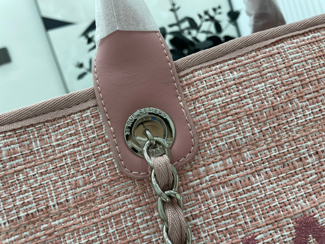 SAC CC DEAUVILLE EN TWEED CUIR ROSE QUINCAILLERIE ARGENTÉE 6