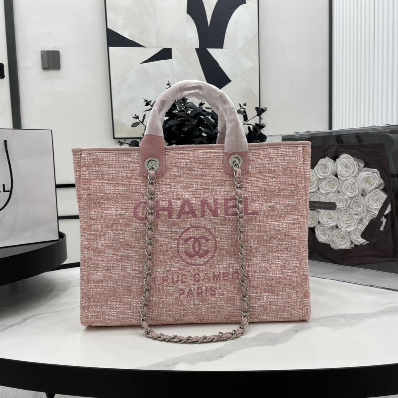 CC DEAUVILLE TWEED BAG PINK LEATHER SILVER HARDWARE 6
