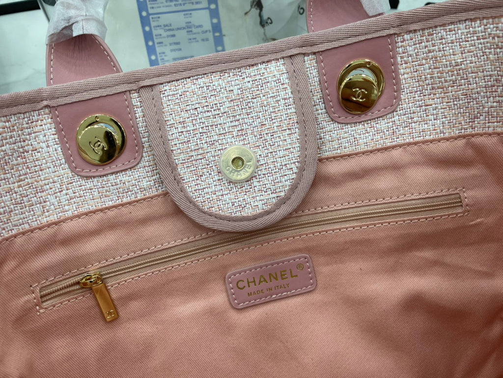 SAC CC DEAUVILLE EN TWEED CUIR ROSE QUINCAILLERIE DORÉ 3