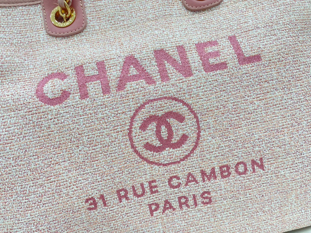 SAC CC DEAUVILLE EN TWEED CUIR ROSE QUINCAILLERIE DORÉ 3