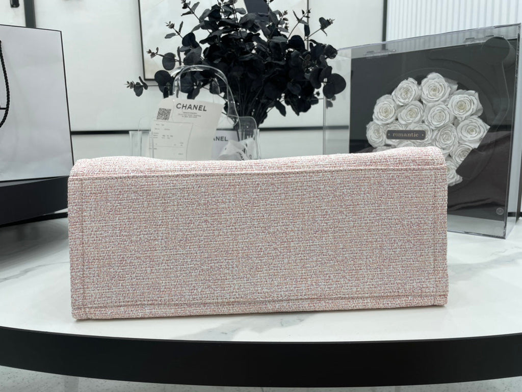 SAC CC DEAUVILLE EN TWEED CUIR ROSE QUINCAILLERIE DORÉ 3