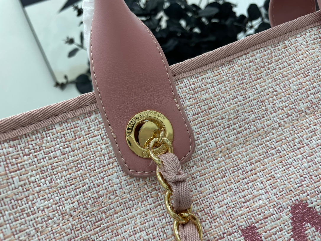 SAC CC DEAUVILLE EN TWEED CUIR ROSE QUINCAILLERIE DORÉ 3