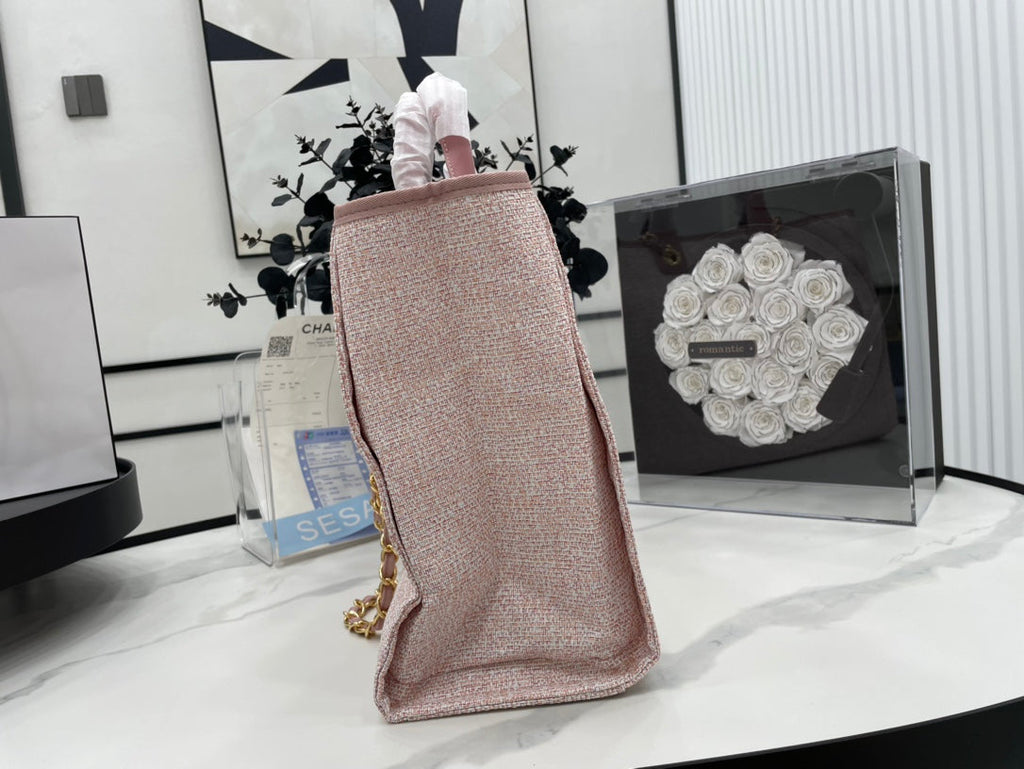 SAC CC DEAUVILLE EN TWEED CUIR ROSE QUINCAILLERIE DORÉ 3
